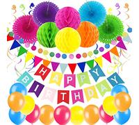 ZERODECO Decoración de Fiesta de cumpleaños, Happy Birthday Banner con Ventiladores de Papel Bolas de Triangulares Guirnalda de Papel Circular remolinos Colgantes y Globos (Multicolor)