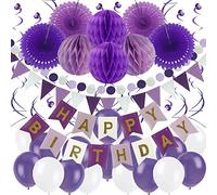 Zerodeco Decoración de Fiesta de cumpleaños, Happy Birthday Banner con Ventiladores de Papel Bolas de Triangulares Guirnalda de Papel Circular remolinos Colgantes y Globos (Morado)