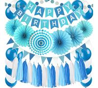 ZERODECO Decoración de Fiesta de cumpleaños, Pancarta Happy Birthday con abanicos de Papel Guirnalda Cadena Bunting Bandera Tejido Borla y Globo para Suministros de Fiesta Bday Decoración (Azul)
