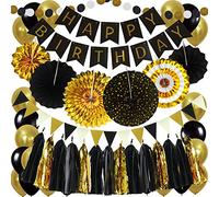 ZERODECO Decoración de Fiesta de cumpleaños, Pancarta Happy Birthday con abanicos de Papel Guirnalda Cadena Bunting Bandera Tejido Borla y Globo para Suministros de Fiesta Bday Decoración (Negro)