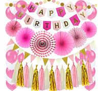 ZERODECO Decoración de Fiesta de cumpleaños, Rosa Pancarta Happy Birthday con abanicos de Papel Guirnalda Cadena Bunting Bandera Tejido Borla y Globo para Suministros de Fiesta Bday Decoración