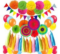ZERODECO Decoración de fiesta, multicolor vibrante para colgar de papel, pompones de látex, borla de papel, triángulo, banderín para fiesta mexicana Cinco De Mayo