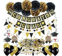 ZERODECO Decoración de graduación, Negro y Oro Congrats Grad Banner Remolinos Colgantes Papel Pompones Bandera de triángulo Confeti de graduación Globos de Fiesta