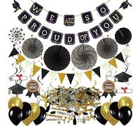 ZERODECO Decoración de graduación, Negro y Oro We Are So Proud of You Banner Remolinos Colgantes Ventiladores de Papel Bandera de triángulo Confeti de graduación Globos de Fiesta