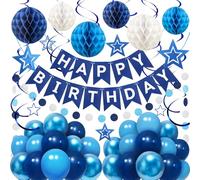 ZERODECO Decoración para Fiestas de Cumpleaños - Banderola Feliz Cumpleaños Azul Fácil de Montar con Bola de Panal, Globo, Banderines en Espiral y Guirnalda - Decoraciones para Mujeres, Hombres