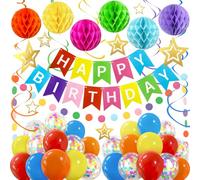 ZERODECO Decoración para Fiestas de Cumpleaños - Banderola Feliz Cumpleaños Multicolor Fácil de Montar con Bola de Panal, Globo, Banderines en Espiral y Guirnalda - Decoraciones para Mujeres