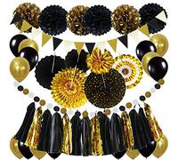 ZERODECO Decoración para Fiestas, Negro y Dorado Pompones de Papel Colgantes abanicos Bandera de Onda Triangular Guirnalda Colgante Globo para cumpleaños Navidad Carnaval Año Nuevo decoración