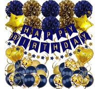 ZERODECO Decoraciones de cumpleaños, Azul Marino, Dorado, Decoraciones de Fiesta de cumpleaños, Pompones de Happy Birthday, Globo para niños, niñas, Hombres, Mujeres, Decoraciones de Fiesta