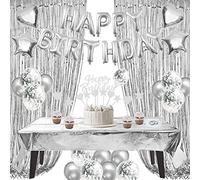 ZERODECO Decoraciones de cumpleaños plateadas, papel de con globo de Happy Birthday, con flecos, cortinas brillantes, globos de estrella corazón, globos para fiesta de cumpleaños