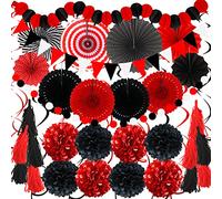 ZERODECO - Decoraciones de fiesta, 41 piezas de abanicos de papel negros y rojos, pompones, guirnaldas, hilo, papel de seda y borlas para graduación, boda, baby shower, fiesta de cumpleaños para niños