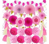 ZERODECO Decoraciones de fiesta, 41 piezas de pompones rosas Papar abanicos, guirnaldas, borla de papel de seda para fiesta, hogar, novia, baby shower, boda, niño, niña, fiesta de cumpleaños