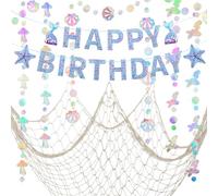 ZERODECO Decoraciones de fiesta de cumpleaños de sirena, pancarta de feliz cumpleaños, guirnalda de sirena iridiscente y red para cumpleaños temático de sirena, decoración náutica, fiesta pirata,