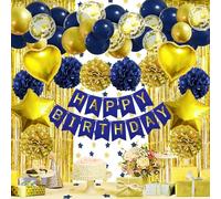 ZERODECO Decoraciones de fiesta de cumpleaños para hombres, azul marino y dorado, pancarta de feliz cumpleaños, pompones, arco de globo, cortina de flecos, decoración de fiesta para hombres, niños,