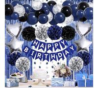 ZERODECO Decoraciones de fiesta de cumpleaños para hombres, negro, azul marino, plateado, pancarta de feliz cumpleaños, pompones, arco de globo, cortina de flecos, decoración de fiesta para hombres,