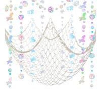 ZERODECO Decoraciones de fiesta de sirena: guirnalda iridiscente, red natural y guirnaldas de burbujas para cumpleaños, pirata, náutico, tema bajo el mar