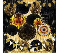 ZERODECO Decoraciones de fiesta doradas y negras, pompones de papel colgantes, guirnalda, guirnalda, flecos, cortinas de cumpleaños, graduaciones, bodas, Año Nuevo, decoraciones de fiesta