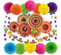 ZERODECO Decoraciones de fiesta mexicana, 21 abanicos de papel mexicano multicolor, pompones de flores para fiesta mexicana Cinco De Mayo Taco Taco suministros de fiesta de cumpleaños