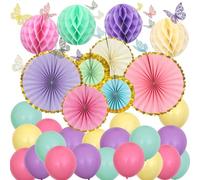 ZERODECO Decoraciones de fiesta pastel, decoración de pared de mariposa 3D, abanicos de panal de abeja, globos para niños, bebés, adultos, niños, niñas, decoración de cumpleaños, suministros de fiesta