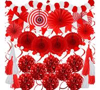 ZERODECO - Decoraciones para fiesta, 41 piezas, abanicos de papel rojo, pompones, guirnaldas, hilo, papel de seda, borlas para graduación, felicitaciones, graduación, año nuevo, festival de primavera
