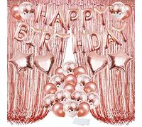 ZERODECO Juego de decoración de cumpleaños de color oro rosa, globos con letras de Happy Birthday, lámina de Mylar, estrella y forma de corazón, globos de confeti