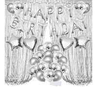 ZERODECO Juego de decoración de cumpleaños de plata, globos de Happy Birthday, papel de aluminio, estrella y forma de corazón, globos de confeti