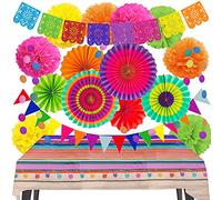 ZERODECO Juego de decoraciones para fiestas - Banderas mexicanas y cubierta de mesa, abanico de papel Fiesta y pompones, guirnaldas de cuerda y banderines para cumpleaños mexicano Cinco De Mayo