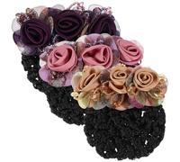 Zerodeko 3 Piezas de Redecillas para Moños Flores, Soporte para Moño de Tela de Gasa, Clip Cabello en Colores Rosa, Dorado Claro y Violeta, Accesorio Adecuado para Enfermeras y Azafatas