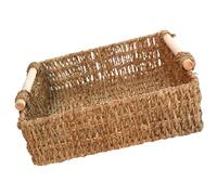 Zerodeko Cesta de Escritorio Asa de Madera y Paja para Almacenamiento de Artículos Varios, Decoración Hogar, Tamaño Grande 29x29x9 Cm, Adecuado para Escritorio