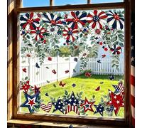 Zeroupshop Adhesivos patrióticos de flores, 8 hojas de calcomanías estáticas rojas, blancas y azules para decoración navideña de la bandera estadounidense, calcomanías de PVC reutilizables para