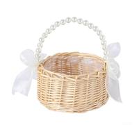 Zeroupshop - Cesta de plástico con mango de perlas, diseño rústico tejido para ceremonia de boda, procesión de dama de honor, presentación y almacenamiento de decoración del hogar, marrón, 6.7 x 3.7 x
