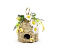 Zeroupshop Decoración de colmena de yute natural tejida a mano con lazo de girasol a cuadros de búfalo rústico, casa de abejas de miel para interiores y exteriores, jardín, granja (A y A)