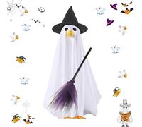 Zeroupshop Disfraz de ganso de fantasma de Halloween, con sombrero de bruja y escoba, traje de poliéster blanco, para gansos de 23 pulgadas, bonita decoración de porche y jardín