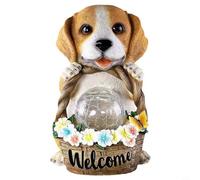 Zeroupshop Estatua solar de perro, con cesta de flores y orbe brillante, decoración de jardín al aire libre de resina, para patio, césped, patio, figura de animal resistente a la intemperie, para