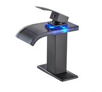 Zeroupshop Grifo LED para lavabo de baño con drenaje emergente, boquilla de vidrio de cascada de una manija, sensor de luz cambia de color, cuerpo de latón, negro, no requiere batería