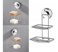 Zeroupshop Jabonera doble de acero cromado con succión, para baño, ducha, cocina, oficina, se adapta suave a superficies de vidrio, metal, bandeja de estante con acabado plateado