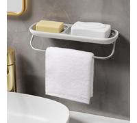 Zeroupshop Jabonera sin taladro con toallero, estante de montaje en pared, drenaje de doble nivel de aluminio ABS para baño, cocina, lavandería, gris