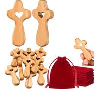 Zeroupshop Juego de 10 cruz de bolsillo de madera de olivo tallada a mano, colgante religioso en forma de corazón con bolsas de terciopelo y tarjeta de oración, compacto de 3,5 cm para bautismo