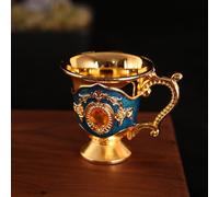 Zeroupshop Vaso de licor de metal retro, mango de aleación, borde liso para decoración del hogar, bar, té, café, beber plata, blanco, azul, flor, 5,5 cm de alto (orquídea dorada)