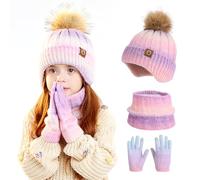 ZesGlyxyr 3in1 Invierno Set de Bufanda, Gorro y Guantes para niños, Caliente Sombrero de Punto Bufanda Guantes Set,Térmico Beanie Gorros con Pompom Accesorios de Invierno para Niños 2-10 Año-A
