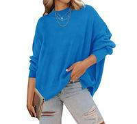 Zesica - Suéter informal de punto acanalado de manga larga para mujer, cuello redondo, abertura lateral, muy holgado, Azul (Brightblue), M