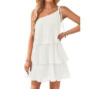 ZESICA Vestido Corto de Verano para Mujer, Estilo Bohemio, con un Hombro Descubierto, sin Mangas, con Volantes, Escalonado, de Gasa, Plisado, Acampanado, Marfil, M