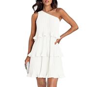 ZESICA Vestido Corto sin Mangas de Verano para Mujer, Estilo Bohemio, con un Hombro Descubierto, Volantes, Escalonado, de Gasa, Acampanado, con Vuelo, Blanco, S