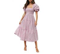 ZESICA - Vestido de Verano Bohemio para Mujer, a Cuadros, Cuello Cuadrado, Manga abullonada, con Volantes, con Vuelo, para la Playa, Largo Midi, Taro, M