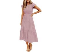 ZESICA, Vestido de Verano Informal de Manga Corta con vuelos para Mujer, Cuello Redondo, Cintura elástica Fruncida, Escalonado, para Mujer, Rosado Oscuro, M