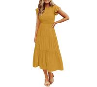 ZESICA, Vestido de Verano Informal de Manga Corta con vuelos para Mujer, Cuello Redondo, Cintura elástica Fruncida, Escalonado, para Mujer, Jengibre, M