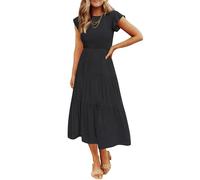 ZESICA, Vestido de Verano Informal de Manga Corta con vuelos para Mujer, Cuello Redondo, Cintura elástica Fruncida, Escalonado, para Mujer, Negro -, M