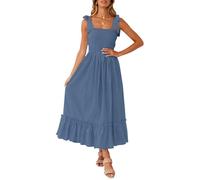ZESICA Vestido Largo de Verano para Mujer, Estilo Bohemio, con Tirantes Delgados, Cuello Cuadrado, Color Liso, Volantes, Acampanado, para la Playa, Azul (Dustyblue), M