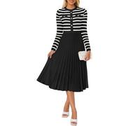 ZESICA Vestido Midi de Manga Larga a Rayas para Mujer, Cuello Redondo, Botones, Punto Acanalado, Plisado, Acampanado, Vestido Tipo suéter, Negro -, M