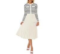 ZESICA Vestido Midi de Manga Larga a Rayas para Mujer, Cuello Redondo, Botones, Punto Acanalado, Plisado, Acampanado, Vestido Tipo suéter, Albaricoque, XL