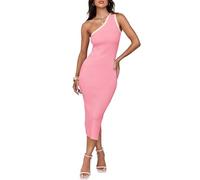ZESICA Vestido Midi sin Mangas de Verano para Mujer, con un Hombro Descubierto, Casual, Acanalado, de Punto Acanalado, Abertura Lateral, Vestido Tipo suéter, Rosado, S